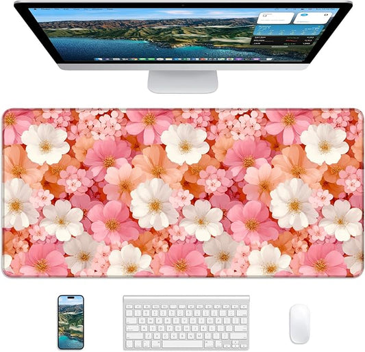 XL Gaming Mouse Pad, 31.5x15.7'' Large Desk Mat with Anti-Slip Rubber Base & Stitched Edges for Gaming, Office, Home - Floral