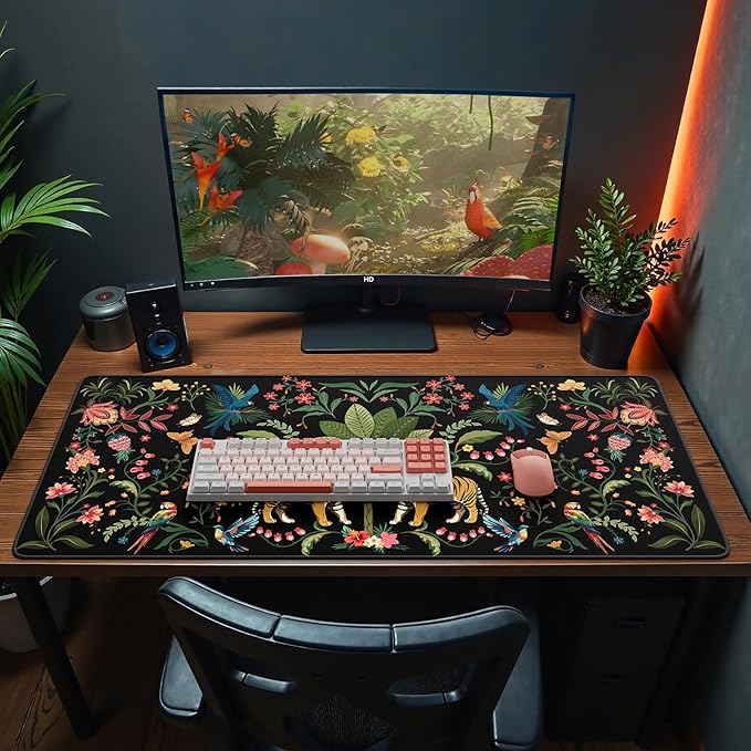 Large Tiger Mouse Pad for Desk, Computer Desk Mat for Keyboard and Mouse, Gaming Computer Mat, Smooth Desktop Pads for Office Home 35.4 x 15.7 Inches (Black)