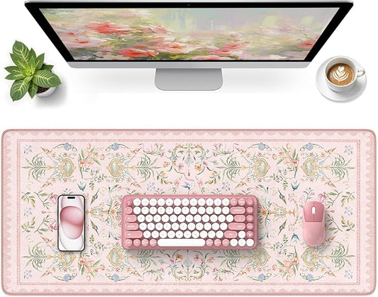 HAOCOO French Floral Desk Mat, Pink Desk Cover Mat, 35.4" x 15.7" Cute Long Mouse Pad, Aesthetic Flower Desktop Mat Accessories, Waterproof Teacher Desk Mat for Work, Study