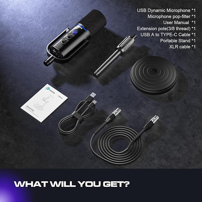 PUPGSIS Podcast Dynamic Microphone, XLR/USB Recording PC Microphones for Broadcast, Podcast, Recording, Gaming & Streaming, Studio Mic with Mute, Headphone Jack, Monitoring Volume Control, Windscreen