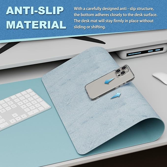 K KNODEL Leather Desk Pad Protector, Office Desk Mat, Large PVC Leather Desk Blotter, Non-Slip Mouse Pad (Sky Blue, 17" x 35.4")