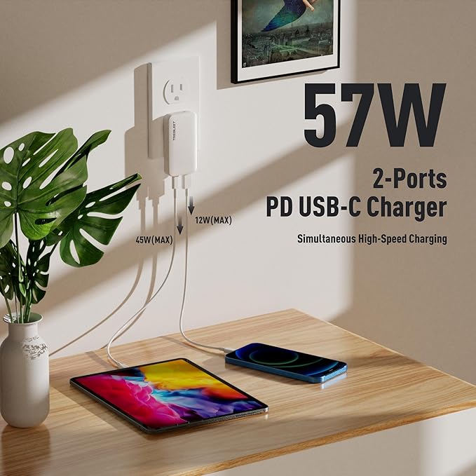 Ultra Thin 65W USB C Charger, Foldable for Travel, Flat Dual Port with PD 3.0 & GaN Tech for Laptops, MacBook, iPad Pro, iPhone 13/13 Pro, iPad Pro,S22, Galaxy Book, LG Gram, XPS, Pixel