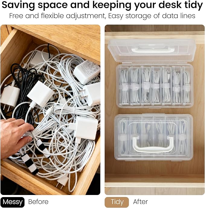 7 Case Portable Cable Storage Box with Handle and Label Stickers, Travel Cord Organizer for Charging Cables, USB Wires, Earphones – Drawer Organization for Home & Office