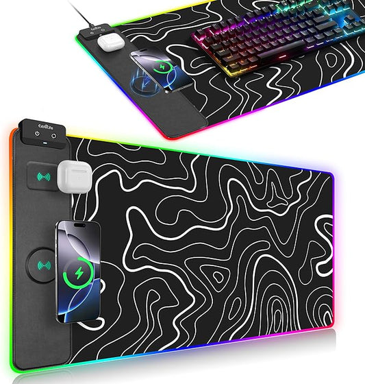 Wireless Charging Mouse Pad, RGB Gaming Mousepad, 31.5"x15.7" Extra Large Desk Pad, 13 Light Modes, Non-Slip Base, Waterproof Computer Keyboard Mat for MacBook, PC, Laptop, Black Topographic Line