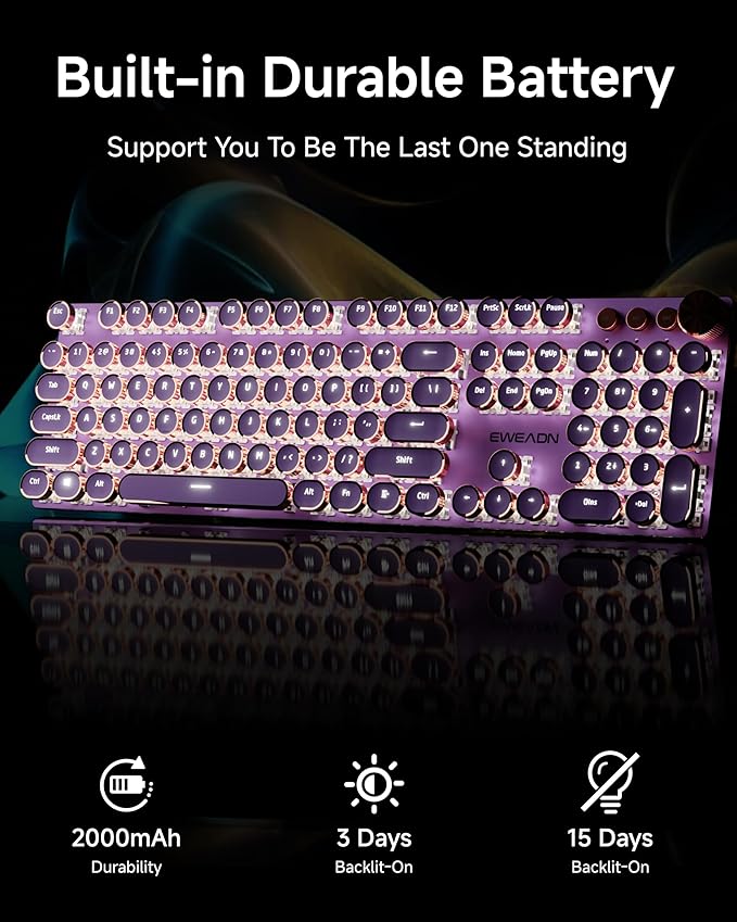 EWEADN V20 Typewriter Keyboard Wireless, 104 Keys Typewriter Style Mechanical with White Backlit, Media Knob, Pink Switch 2.4G/Bluetooth/USB-C Wired Retro Full Size Keyboard for Windows/Mac/PC-Purple