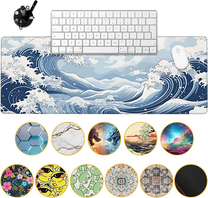 Mountain Gaming Mouse Pad,Japanese Blue and White Sea Wave Desk Mat,31.5""X15.7"" Large Desk Pad with Stitched Edge Non-Slip Base Keyboard Big Mouse Pad for Office Home Work Gaming, WDQ-D05