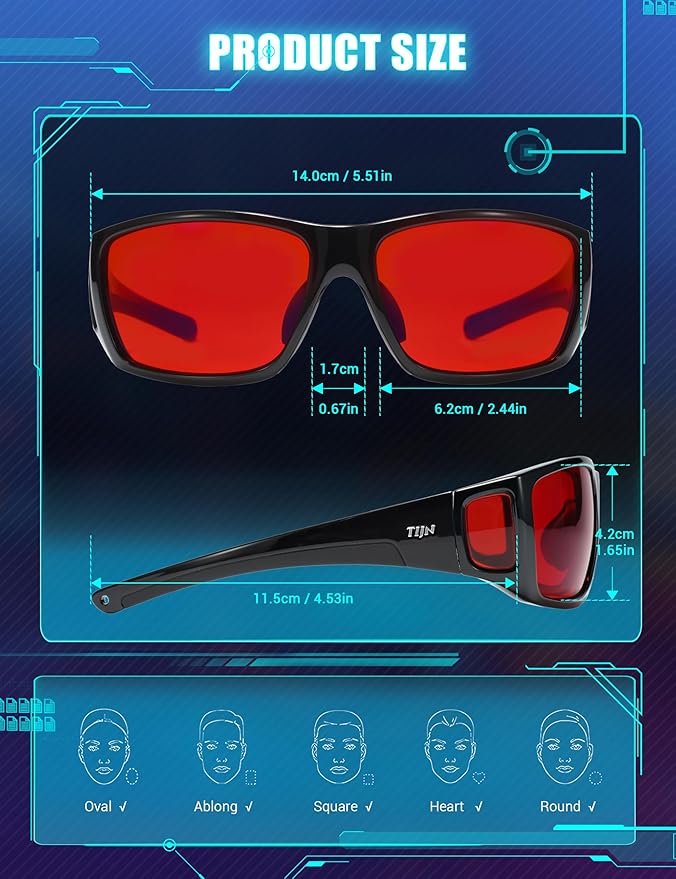 TIJN Sonia Red Sleep Glasses Orange Lens for Blue & Green Light Blocking,Dual AR Coating,Wraparound Frame for Gaming Screen
