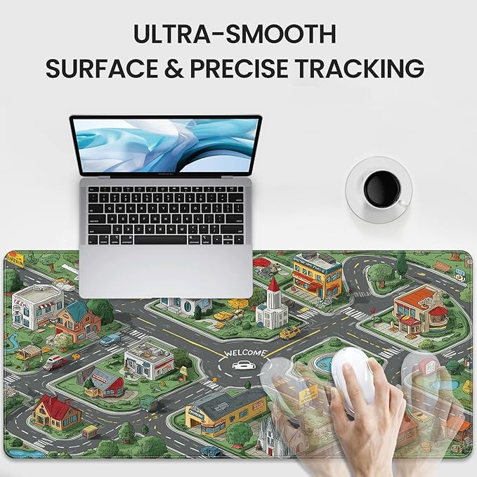 35.4 x 15.7 Inches XXL Large Gaming Mouse Pad, Cartoon City Street Map Design, Non-Slip Base, Waterproof and Scratch-Resistant Surface, Suitable for Home and Casual Gaming Desktop mats