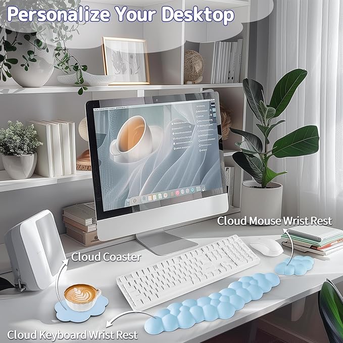 Sushret Cloud Wrist Rest for Keyboard and Mouse, Memory Foam PU Leather Keyboard Wrist Rest with Ergonomic Support, Non-Slip Base, Cute Arm Rest Pad & Palm Cushion, Office Desk Accessory, Blue