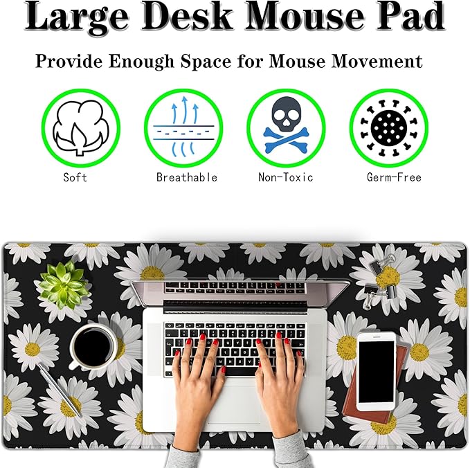 Big Mouse Pad Black Desk Pad Large Gaming Mousepads Pc Mouse Pads Office Items Non-Slip Rubber Base Waterproof with Stitched Edges 35.4 X 15.7 for Game Office, White Daisies