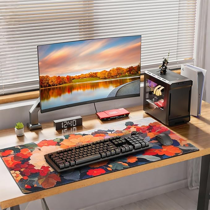 Extended Mouse Pad, Floral Design, 35.4 x 15.7 Inches, Microfiber Cloth Surface, Non-Slip Rubber Base, Rectangular Desk Mat for Gaming and Work