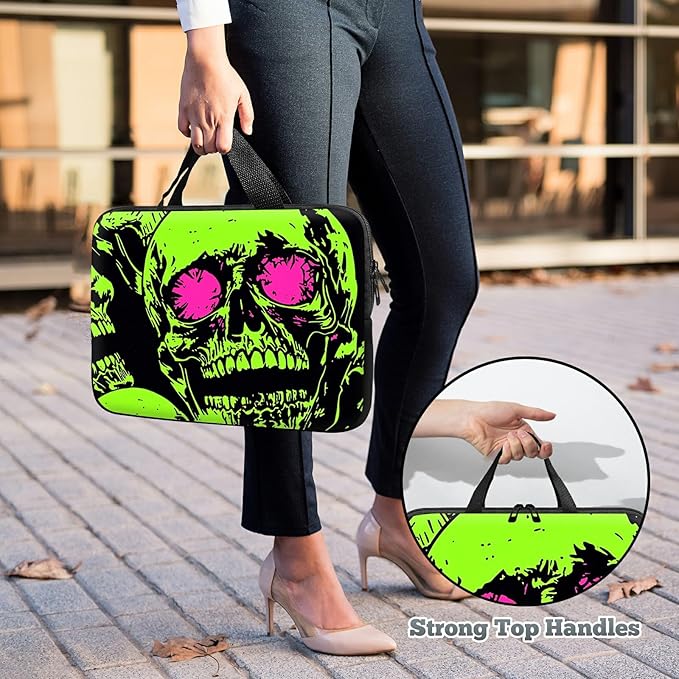 Universal Tablet Laptop Sleeve Case 10 inch, Neon Green Skull Slim Carrying Case Travel Laptop Bag Durable Handbag for 7 to 10-inch Laptops/Notebook/Kids Tablet/ipad/eBook Readers