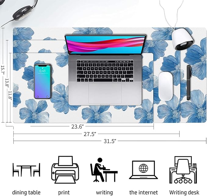 Large Mouse Pad, Blue Floral Desk Mat for Desktop, Women Girls Flowers PU Leather Waterproof Desk Pad, Computer PC Laptop Protector Gaming Mouse Pads for School Office Home (31.5" x 15.7")