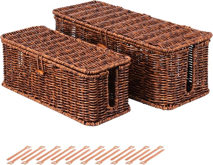 BROWNLILY Rattan Wire Storage Box, Handmade Cord Organizer for Desk Cord Hider Outlet Covers Baby Proofing for Power Strip TV PC Router Charger Under Desk Cable Management Box by Unknown