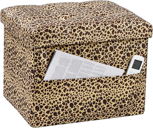 Bsketa Storage Ottoman Foot Rest Stool, Small Velvet Storage Ottomans Bench, Folding Footstool with Side Pockets, Foot Rest Under Desk for Living Room Bedroom, 17x13x13 in, Leopard Print