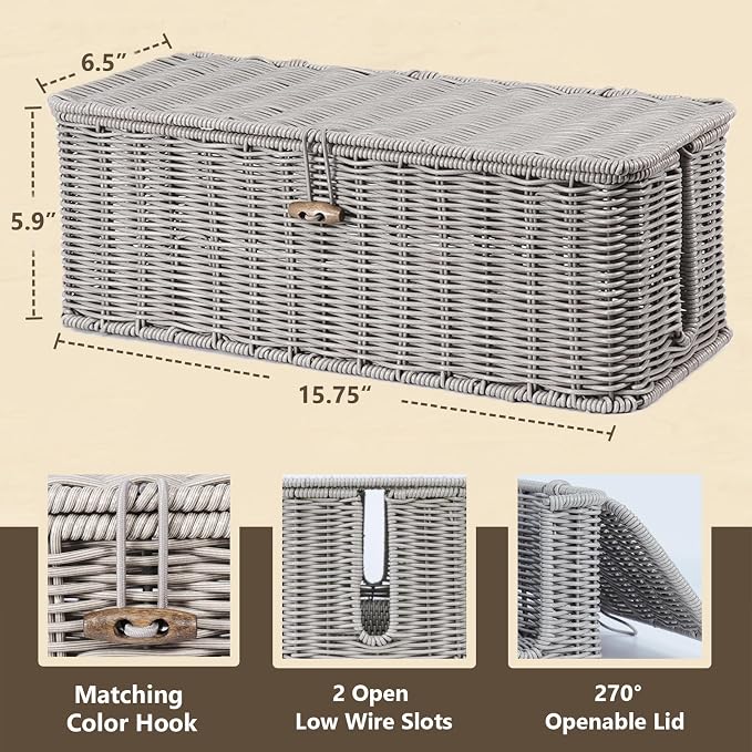 BROWNLILY Cable Management Box, Rattan Style Cord Organizer for Desk Cord Hider Outlet Covers Baby Proofing for Power Strip TV PC Router Charger Under Desk Storage with Lockable Lid and Cable Ties - Image 2