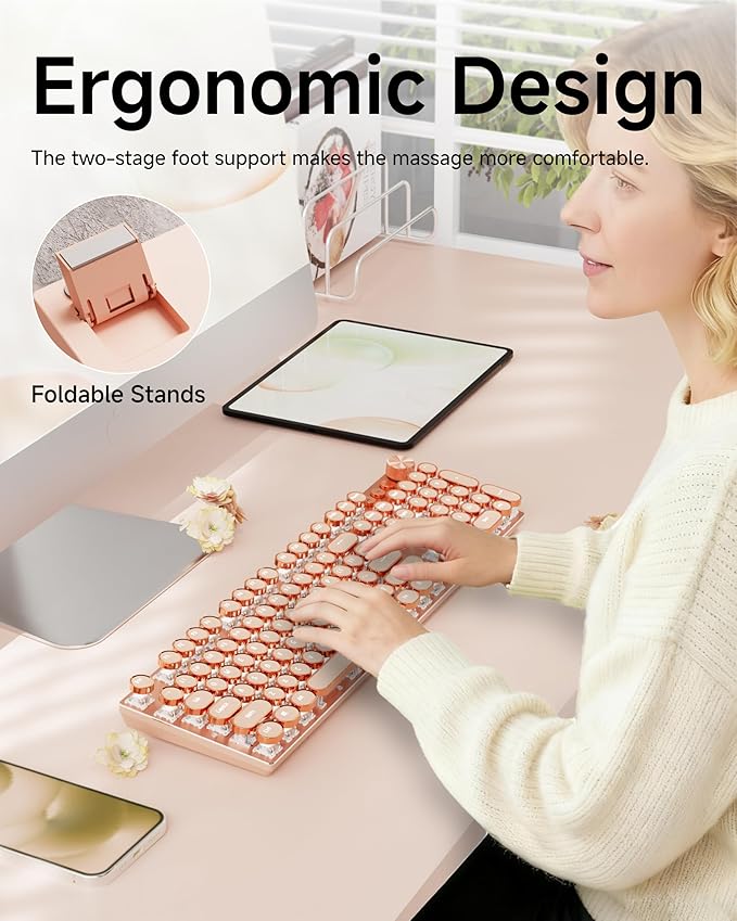 EWEADN V20 Typewriter Keyboard Wireless, 104 Keys Typewriter Style Mechanical with White Backlit, Media Knob, Pink Switch 2.4G/Bluetooth/USB-C Wired Retro Full Size Keyboard for Windows/Mac/PC-Pink
