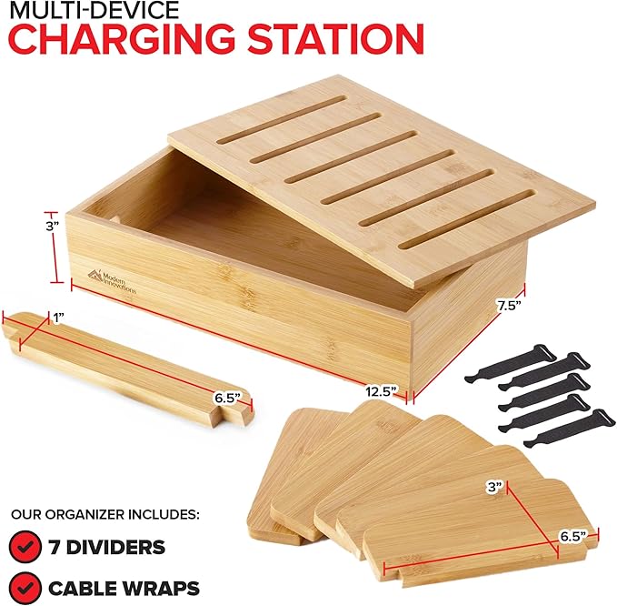 Modern Innovations Bamboo Charging Station for Multiple Devices (Natural) Wood Device Organizer, Desk Docking Stand for Cell-Phone Charger, Compatible with Apple, Android, iPad, iPhone, Tablet, Laptop