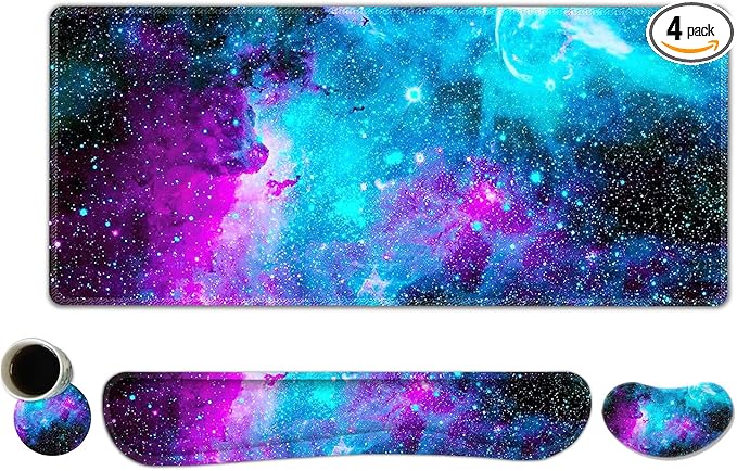 ToLuLu Extended Gaming Mouse Pad, Memory Foam Ergonomic Keyboard Mouse Wrist Rest Support Set, Large Desk Mat with Stitched Edges, Non-Slip Base Mousepad for Home Office Game and Study, Nebula Galaxy