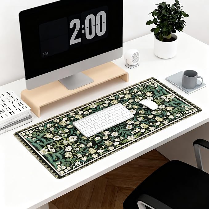 Floral Dark Green XXL Desk Pad - Extra Large Anti-Slip Mouse Pad with Stitched Edges for Computer, Keyboard & Office | Aesthetic Desk Mat for Women, Home Office Decor & Supplies