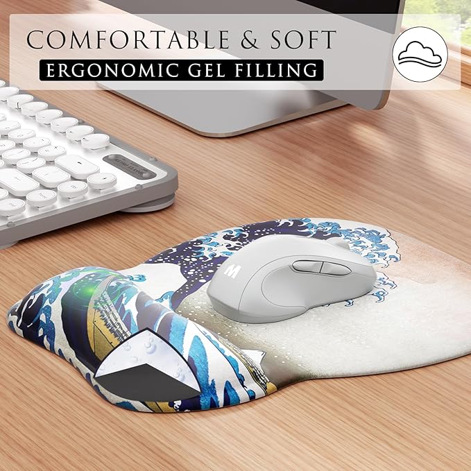 MROCO Ergonomic Mouse Pad with Gel Wrist Rest, Smooth Wrist Support Surface, Non-Slip PU Base for Pain Relief, Comfortable Mousepad for Computer, Laptop, Office & Home, 9.4 x 8.1 in, Great Wave