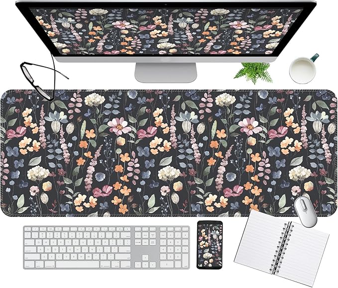 Desk Mat,Big Desk Pad,31.5 x 11.5in Extended Gaming Mouse Pad,Large Mouse Pad for Desk Rubber Base Mousepad with Stitched Edges,Keyboard Mouse Mat for Work Game Office Home - Cute Watercolor Flower