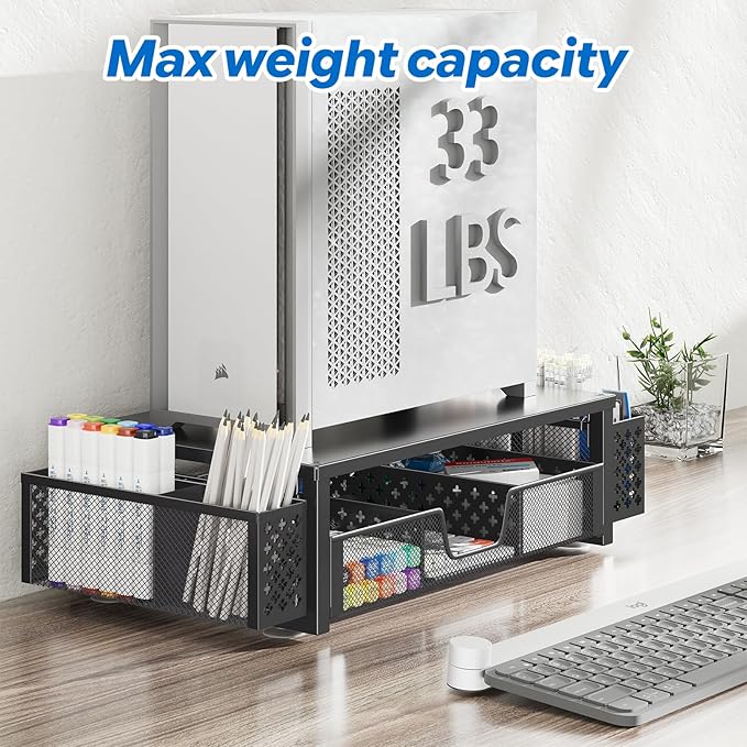 Simple Trending Desk Organizer and Accessories, Computer Metal Monitor Stand Riser with Drawer and Pen Holder for Laptop, Computer, iMac, Black