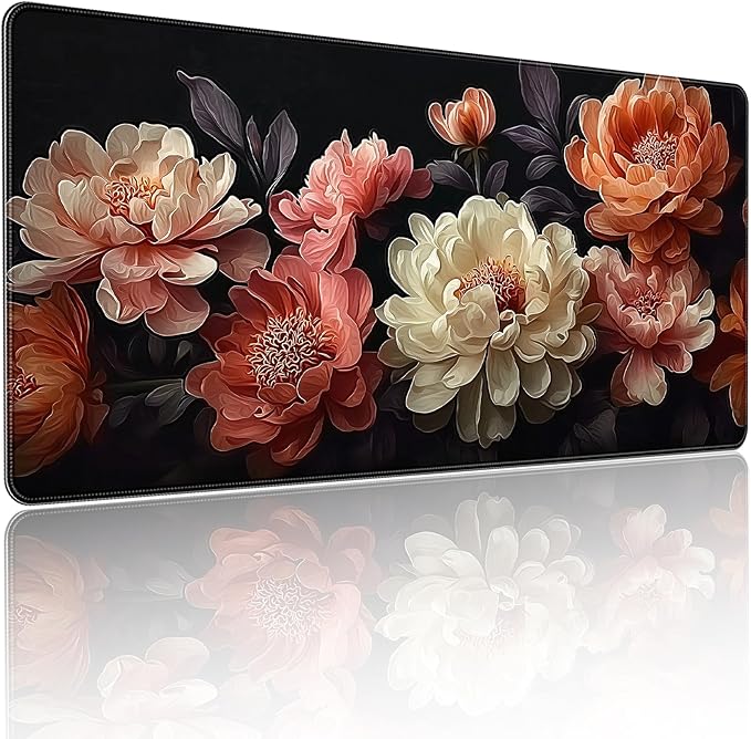 Extended Mouse Pad, Elegant Peony Floral Design, 35.4 x 15.7 Inch, Microfiber Surface, Non-Slip Base, Waterproof, Black with Coral and Cream Flowers