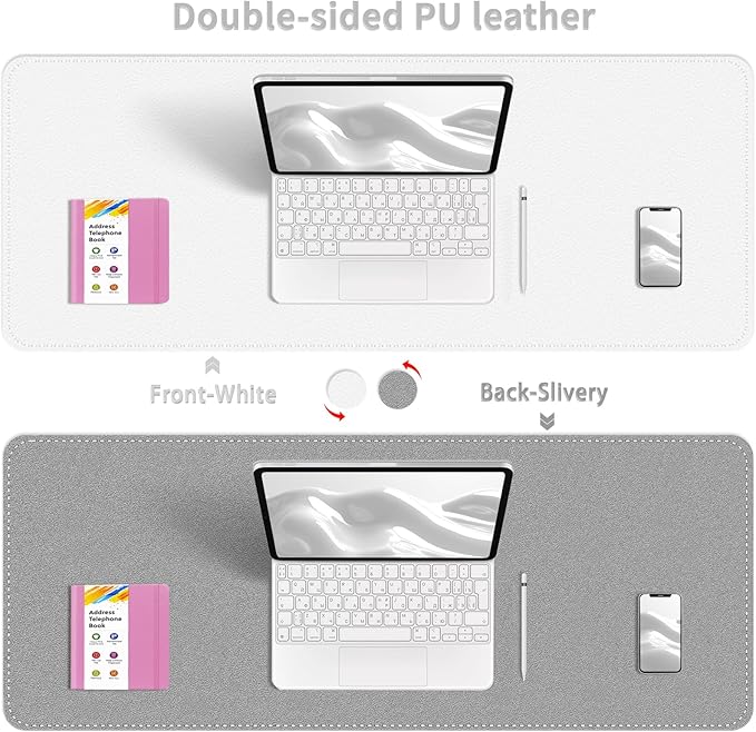 Bleswin Double-Sided Desk Mat, 23.6''×13.8'', PU Leather Mouse Pad, Waterproof Desk Pad, Laptop Leather Desk Mat, Protector for Keyboard and Mouse for Office and Home (White+Slivery)