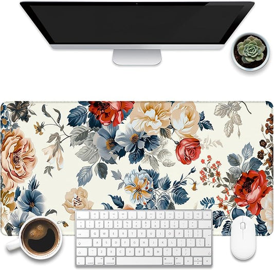 Large Gaming Mouse Pad for Desk,Vintage Botanical Flower Bunch Desk Mat,Beautiful Flowers Desk Pad,31.5"x15.7" Extended Big Computer Keyboard Mouse Pad with Non-Slip Base and Stitched Edge