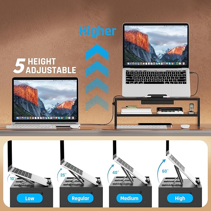 AFOOYO Adjustable Wood Laptop Stand, Ergonomic Height Angles Computer Holder Riser for Desk Compatible with Air, Pro, Dell, HP, Lenovo More 10-17.3" Laptops, Black