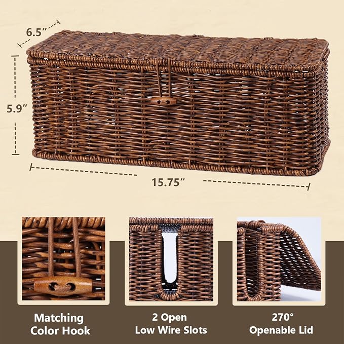 BROWNLILY Cable Management Box, Rattan Style Cord Organizer for Desk Cord Hider Outlet Covers Baby Proofing for Power Strip TV PC Router Charger Under Desk Storage with Lockable Lid and Cable Ties - Image 2