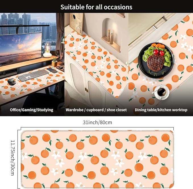 Desk Mat,Big Desk Pad,31.5 x 11.5in Extended Gaming Mouse Pad,Large Mouse Pad for Desk Rubber Base Mousepad with Stitched Edges,Keyboard Mouse Mat for Work Game Office Home - Cute Orange Leaves
