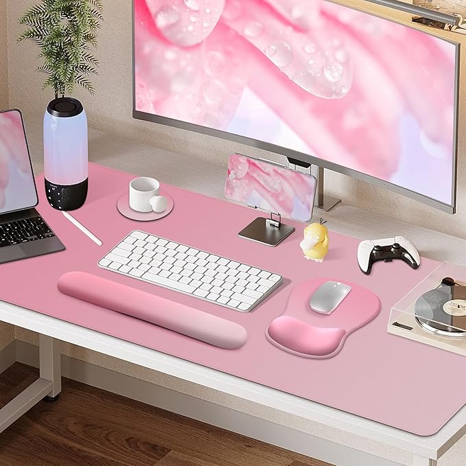 4-in-1 Large Gaming Mouse Pad, Keyboard Wrist Rest Pad & Wrist Support Mousepad Set, Extended Desk Pad Waterproof Desk Mat for Home Office Decor Study Game 35.4×15.7 Inches I Gradient Pink Blush