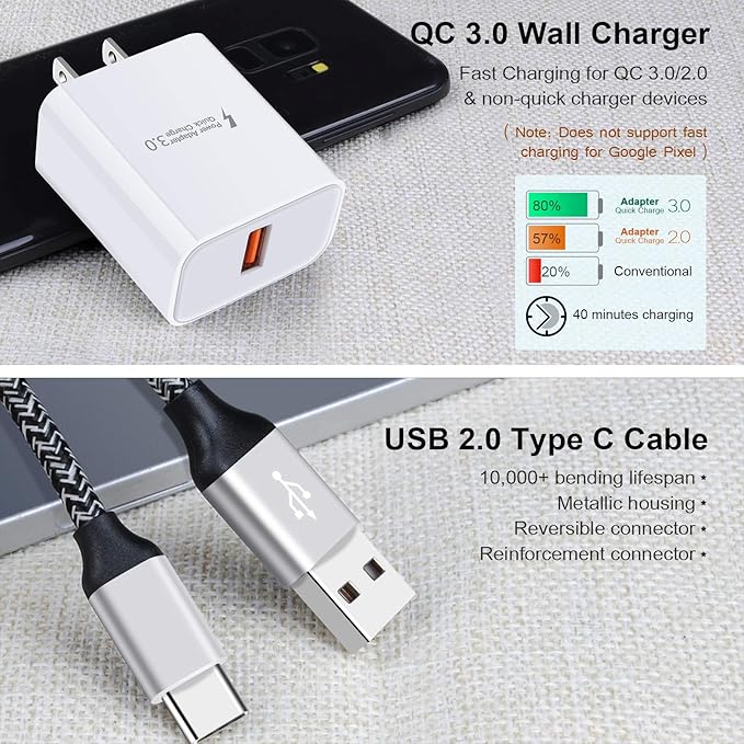 Quick Charge 3.0 Fast Wall Charger for LG Stylo 6 5 4, LG K51 K92 G8 G7 G6 G5 V35 V40 V60 ThinQ, Samsung Galaxy S26 S25 S24 S23 A56 A36 A17 A16 5G, 18W Fast Adapter, 6Ft USB Type C Charging Cable