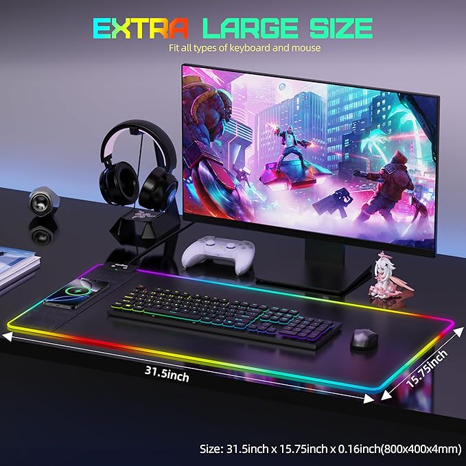 Mouse Pad with Wireless Charging, RGB Gaming Mousepad, Large Desk Mat with Ultra-Smooth Surface, Non-Slip Mouse Mat, Waterproof Computer Keyboard Pad with 18W QC Power Adapter, 800x400x4MM, Black