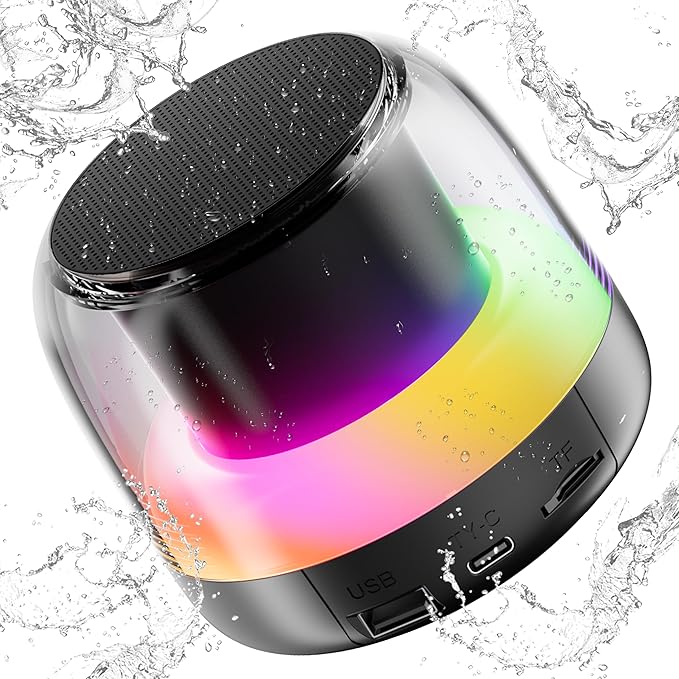 Portable Speaker Bluetooth with Loud Stereo Bass Sound, Mini Wireless Speaker with 7 RGB Lights, TF-Card USB, TWS Pairing, 4H Playtime, IP7 Waterproof Speakers for Travel Party Home Outdoor Gift