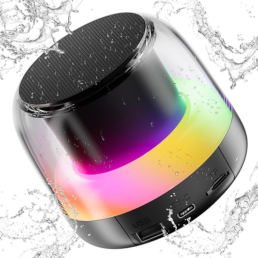 Portable Speaker Bluetooth with Loud Stereo Bass Sound, Mini Wireless Speaker with 7 RGB Lights, TF-Card USB, TWS Pairing, 4H Playtime, IP7 Waterproof Speakers for Travel Party Home Outdoor Gift
