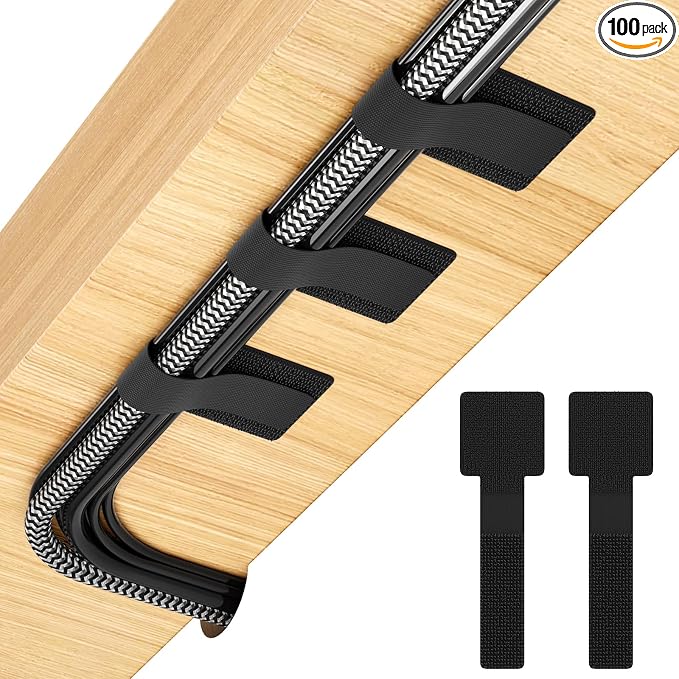 100Pcs Cable Straps Hook and Loop Cable Ties - Cable Holder for Desk Cable Management Under Desk - Computer Cord Organizer for Home Office Gaming Setup - Black by LoopStraps