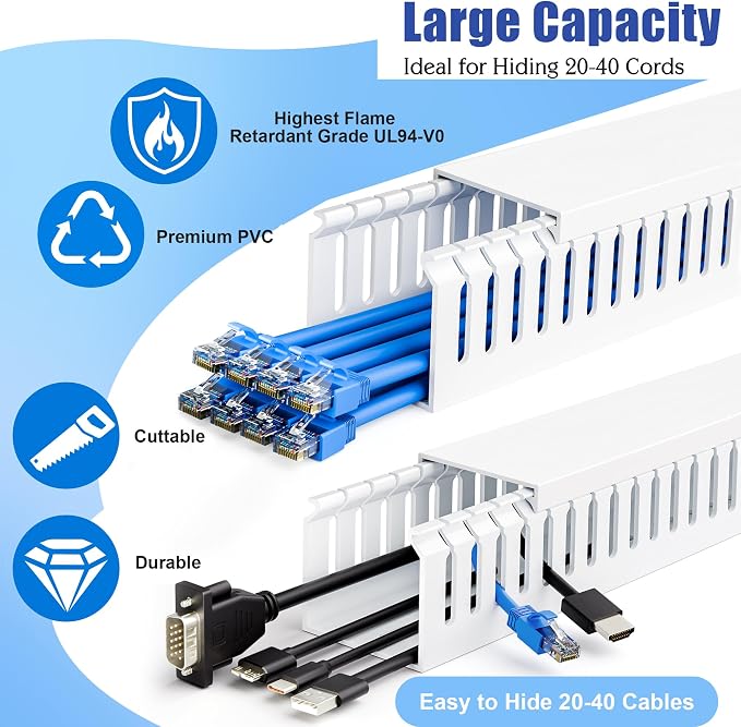 ZhiYo 2x2in Professional Server Rack Cable Management Raceway, Cable Raceway Kit, Electrically Safe PVC Open Slot Wire Cover, Cord Hider for Under Desk/Computer/Network Cords White - Image 3