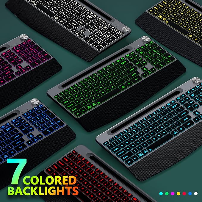 Ergonomic Backlit Wireless Keyboard with Wrist Rest-Low-Profile,Phone/Tablet Holder,Rechargeable with Light Up Keyboard,Cordless Quiet Computer Keyboard for Desktop,Laptop, PC, Mac-Grey