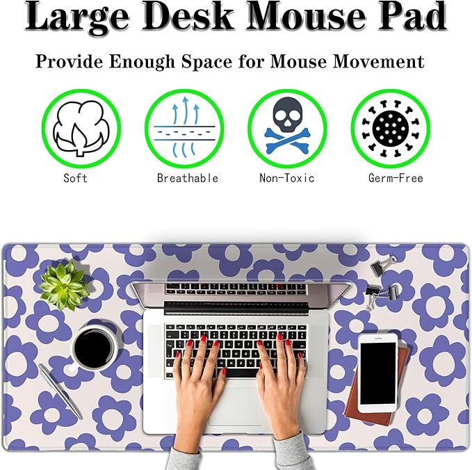 Gaming Mouse Pad Purple, Big Mouse Pads Desk Pad for Women Office Decor Office Desk Mats, Pad for Mouse Waterproof Non-Slip Rubber Base, 35.4 X 15.7 inch for Work/Game/Office/Home Flowers
