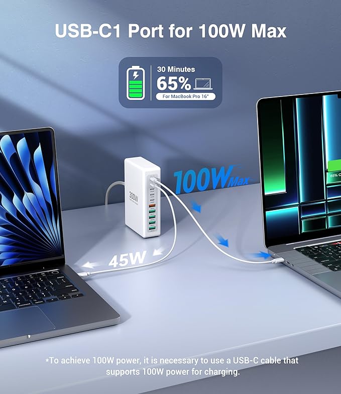 300W USB C Charging Block, 10-Port USB C Charging Station PD 100W Laptop Fast Charger Adapter for MacBook Air/Pro, iPhone17/16/15/14/13 Pro Max, iPad Pro, DELL, Samsung Galaxy