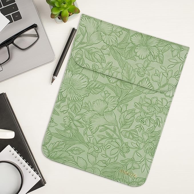 MOSISO Laptop Case 13 inch, 13 inch Laptop Sleeve Compatible with MacBook Air M4 M3 M2 M1 2025-2018 / Pro M2 M1 2025-2016, Embossed Retro Hibiscus PU Leather Case with Small Bag, Sage Green