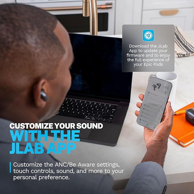 JLab Epic Pods ANC True Wireless Bluetooth Earbuds, Hybrid Dual Driver System, Knowles Balanced Armature, Adaptive Noise Canceling, 56+ Hours Playtime, Custom Sound via App, Wireless Charging, Black