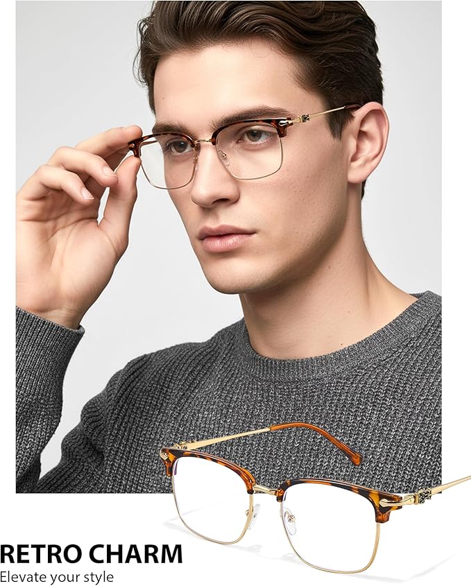 IGnaef Unisex Retro Blue Light Blocking Glasses Trendy Semi-Rimless Anti Eyestrain & UV Glare for Gaming & Reading