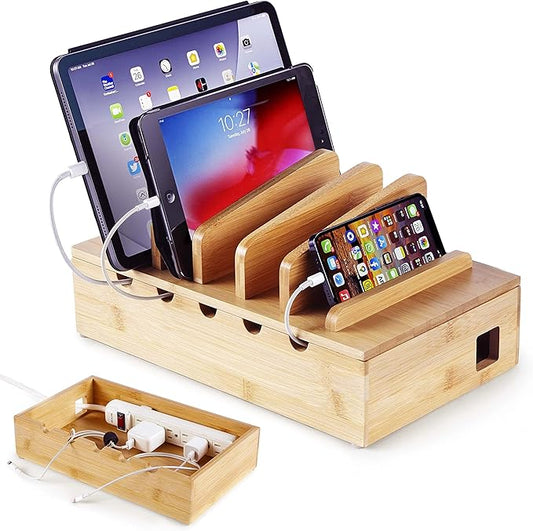 Modern Innovations Bamboo Charging Station for Multiple Devices (Natural) Wood Device Organizer, Desk Docking Stand for Cell-Phone Charger, Compatible with Apple, Android, iPad, iPhone, Tablet, Laptop