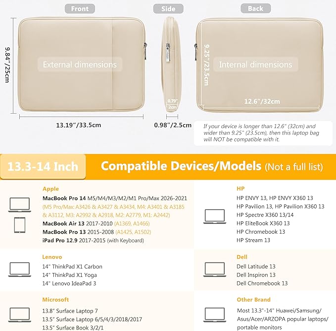 HYZUO 13.3-14 Inch Laptop Sleeve Bag Set for MacBook Pro 14 M5/M4/M3/M2/M1 Pro/Max A3426 A3427 2026-2021, MacBook Air/Pro 13.3, 13.5-13.8" Surface Book/Laptop, Notebook Case for 13.3" HP, Sand