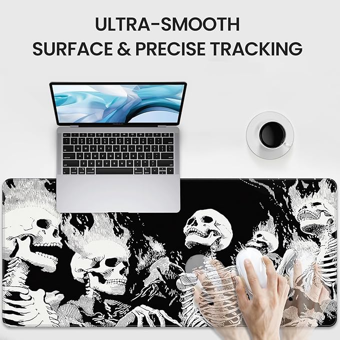XXL Gaming Mouse Pad, Horror Skull Pattern Black and White, 35.4 x 15.7 Inches, Non-Slip Rubber Base, Waterproof Microfiber Cloth Surface