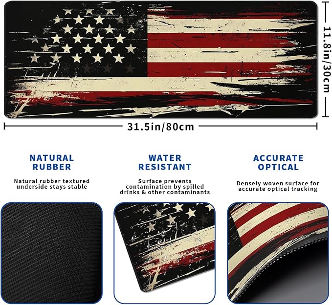 American Antique Flag Mouse Pad Abstract AmericanMouse Pad 31.5x11.8 Inch Flag Texture Non-Slip Rubber Base Large Mousepad Stitched Edges Keyboard Mouse Mat Desk Pad for Office and Home